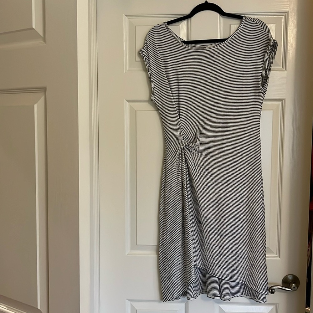 Max Studio black and white stripe high low casual dress with cap sleeves.